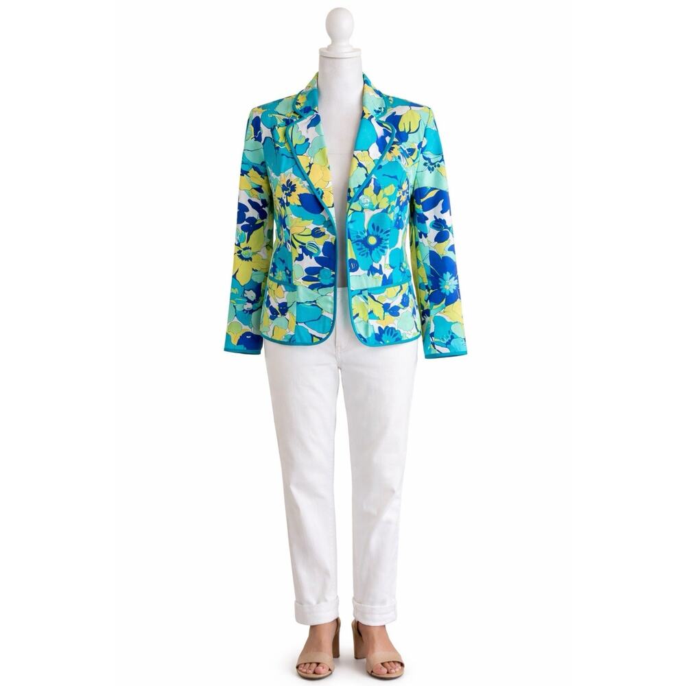 Elementz Floral Blazer Jacket Blue Green Yellow Cotton Stretch Women L